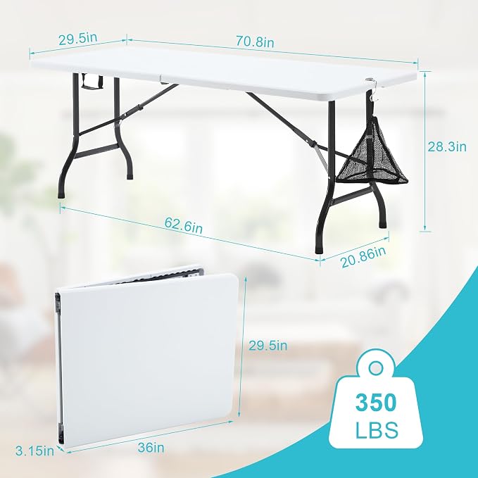 VECELO 6Ft Folding Picnic Table, Indoor Outdoor Plastic Portable Foldable Desk with Handle, Mesh Trash Bag&Lock Legs Heavy Duty for Camping, Dining, Party, White