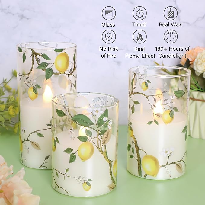 Silverstro Flameless LED Candles with Remote Lemon Decal Glass Flickering Battery Operated Candles for Home Room Party Wedding Holiday Christmas Valentine's Day Decor - Set of 3