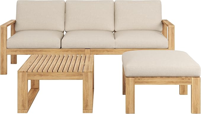 Christopher Knight Home Kayahs 3 Pieces Acacia Wood Furniture Set, Patio Conversation Sofa with Coffee Table and Ottoman, Outdoor 3-Seater Sofa Set for Backyard Balcony Gardern, Teak Finish+Beige