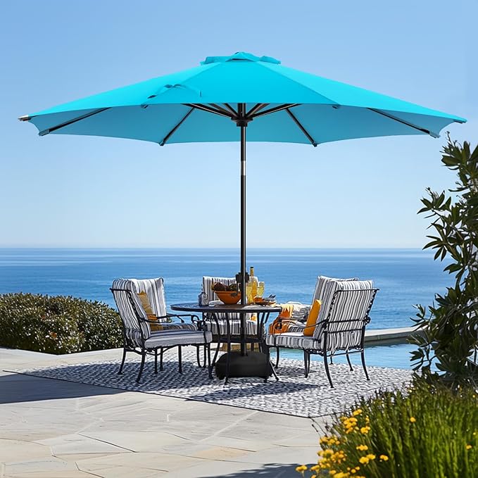 wikiwiki 11FT Patio Umbrella with Base, Outdoor Umbrellas with Base Included, 8 Sturdy Ribs, Waterproof Fade Resistant POLYESTER DTY Canopy for Deck, Lawn, Garden, Backyard & Pool, Sky Blue