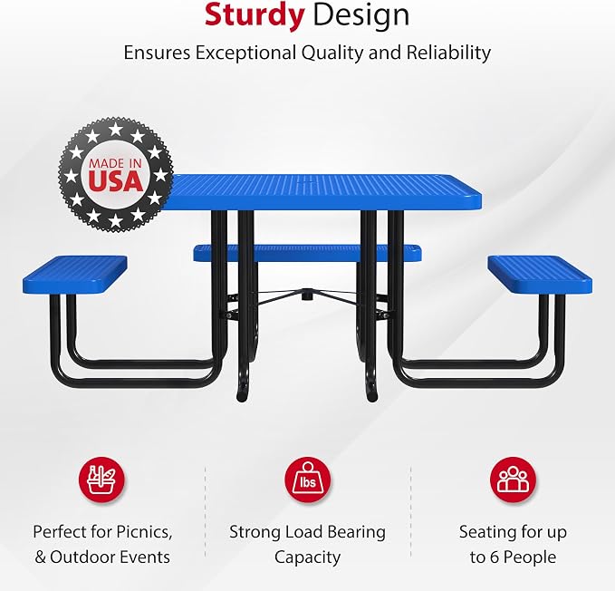 Leisure Craft Metal Picnic Table with Bench - 46" Square Outdoor Dining Table with Umbrella Hole, Heavy Duty Thermoplastic Coating, ADA Compliant, Commercial Grade Furniture Made in USA - Blue