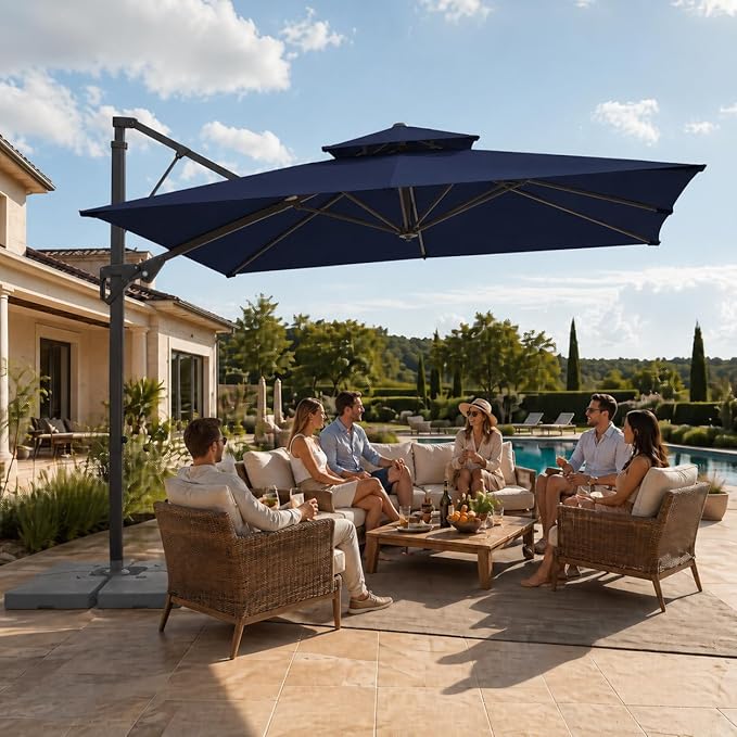JEAREY 9ft 2-Tier Cantilever Patio Umbrella, Large Square Outdoor Offset Umbrella with Double Top Vent and 360-degree Rotation for Garden Deck Pool Patio, Navy