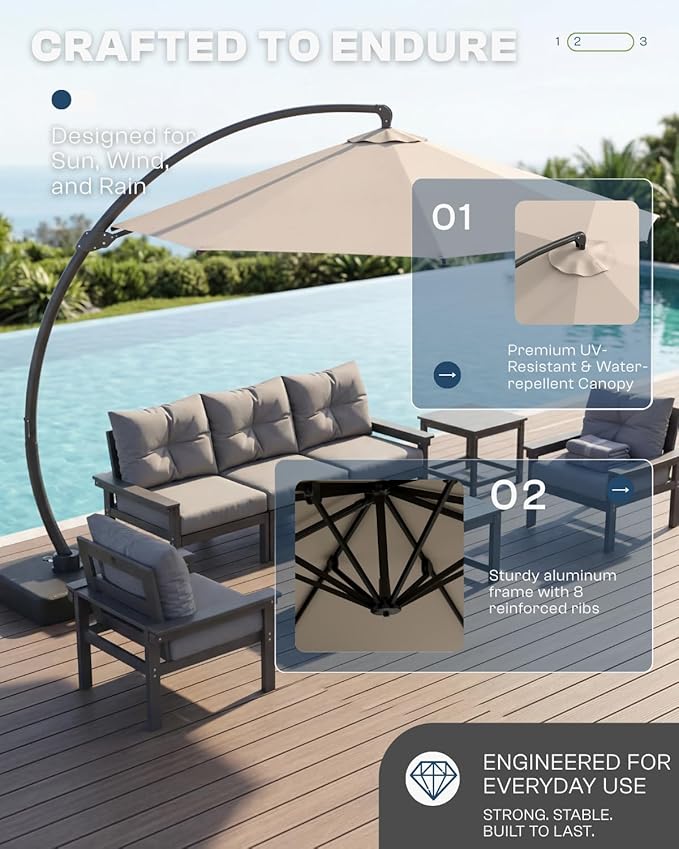 11 FT Cantilever Umbrella with Base Included, Large Round 360° Rotation Offset Umbrella Outdoor Patio, Heavy Duty Aluminum Frame, Sand-Weighted Stand, for Deck, Backyard, Poolside, Garden (Beige)