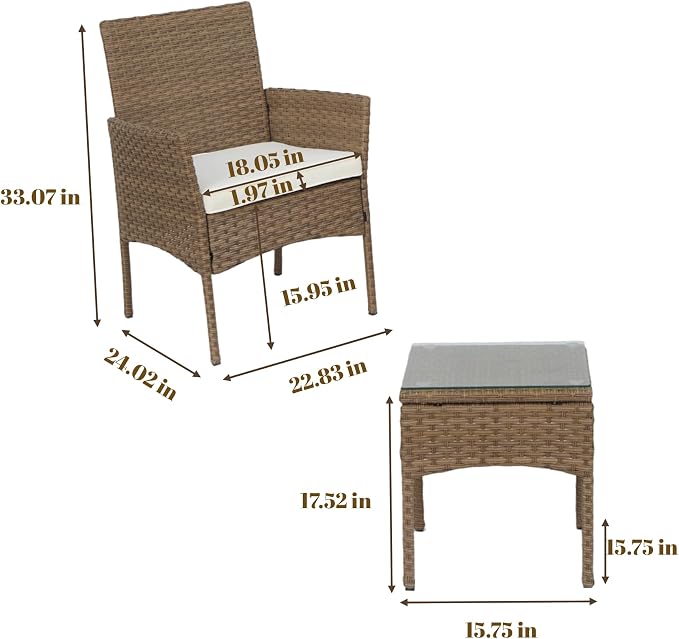 UNITED FLAMES 3-Piece Outdoor Wicker Bistro Set, PE Rattan Patio Chairs & Side Table with Cushions, Weather Resistant Conversation Set for Balcony, Porch, Garden (Beige)
