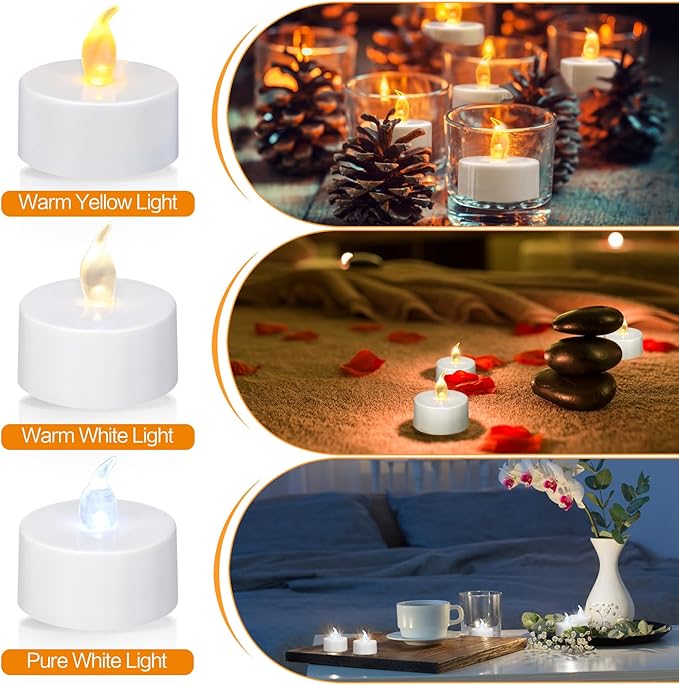 KOABY 50 Pack Tea Lights with Timer, Auto-On 6 Hours and Off 18 Hours in 24 Hours Cycle Automatically, Battery Operated Flameless Flickering Tea Lights with Timer(50 Pack, Warm Yellow)