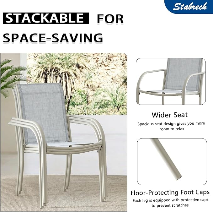 5 Piece Outdoor Dining Set, Patio Table and Chairs Set of 4, 37.5" Black Square Patio Table with 4 Beige Blue Stackable Patio Chairs for Lawn, Garden, Porch