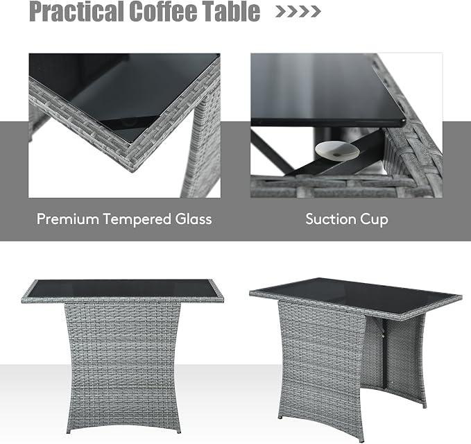 RELAX4LIFE 3-Piece Outdoor Furniture Set - All-Weather Wicker Rattan Patio Dining Set w/Tempered Glass Coffee Table & Cushions, Modern Bistro Conversation Set for Yard Balcony (Gray)