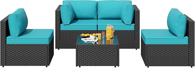 SUNLEI Outdoor Patio Furniture Set 5 Pcs, Rattan Balcony Furniture with Backrest Glass Table & Washable Cushions Small Conversation Patio Set with Sectional Design (Black/Blue)