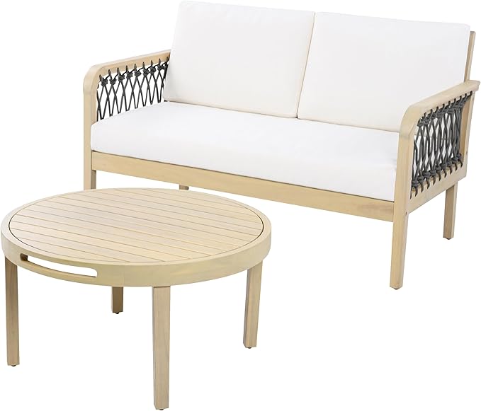 Merax 4-Piece Outdoor Acacia Wood Patio Conversation Set, 2 Club Chairs + Loveseat & Coffee Table with Handwoven Rope & Cushions, Furniture Set for Garden, Balcony, Poolside, Light Teak