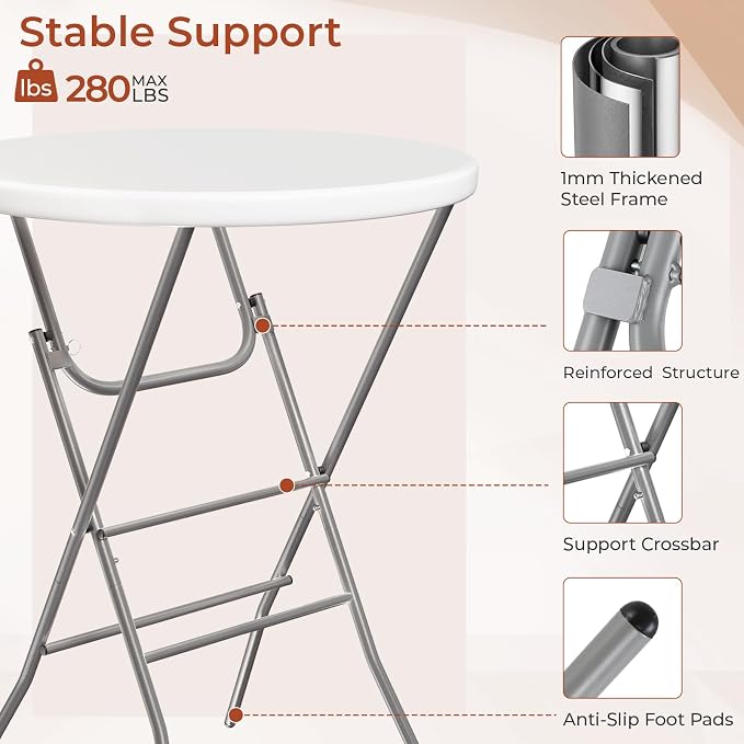 TLSUNNY 1Pcs 32" Folding Round Cocktail Table, Indoor/Outdoor High Top Bar Table W/Locking Leg & Removable Legs, Stabilizing Crossbar, for Party, Commercial Events, Bistro, 280LBS (1, White)