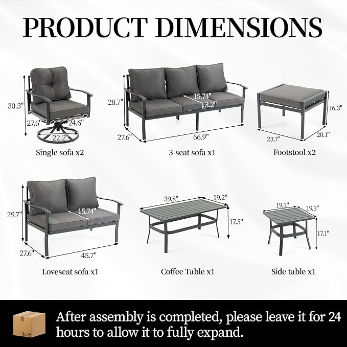 Patio Furniture Set, 8 Pieces Outdoor Metal Conversation Set Sofas with 1 Three-Seater Sofa,1 Loveseat Sofa,2 Swivel Chairs,2 Footstools,1 Side Table,with Cushion