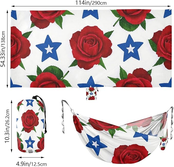 4th of July Independence Day Red Rose Flowers 330lb Capacity Hammocks with Tree Straps Tree Hammock for Outside Beach Patio Garden para ir de Camping