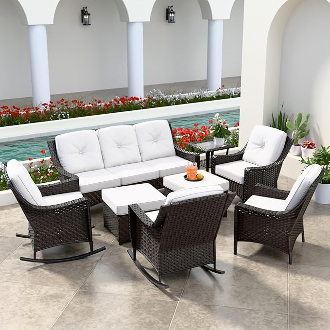 Stone Creek Outdoor Furniture Set with Rocking Chairs, Patio Chairs, 3 Seater Couch, Side Table & Ottomans, Wicker Patio Conversation Set, Balcony Furniture, 8 Piece, Brown/Beige
