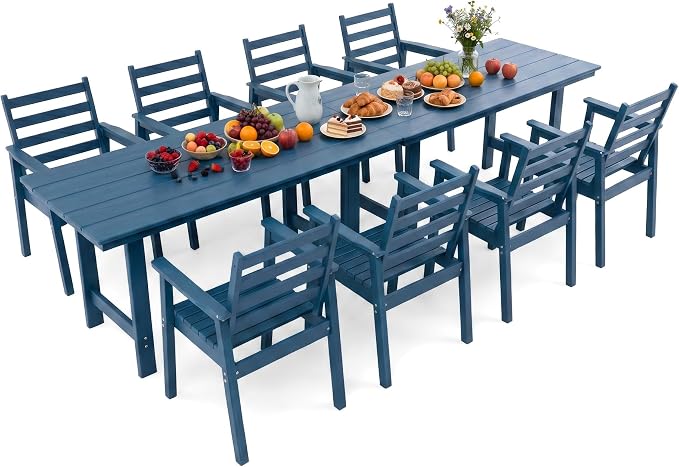 10 Piece HDPE Outdoor Dining Set for 8, Patio Dining Furniture Set with 2” Umbrella Hole, Weather Resistant Outdoor Table and Chairs for Garden, Poolside, Backyard, Deck