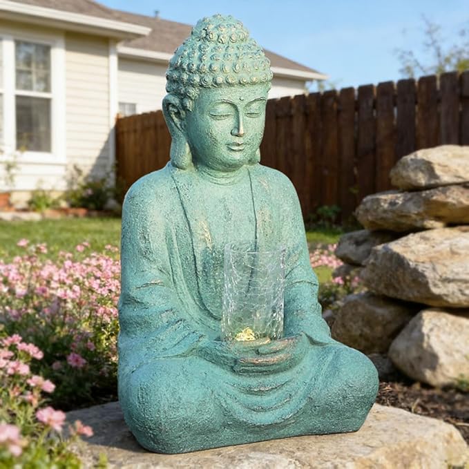 24" H Zen Buddha Fountain, Sitting Buddha Statue Fountain with LED Light and Glass Cover, Meditation and Relaxation Water Feature Outdoor/Indoor Waterfall Fountain for Home Decor, Garden, Balcony
