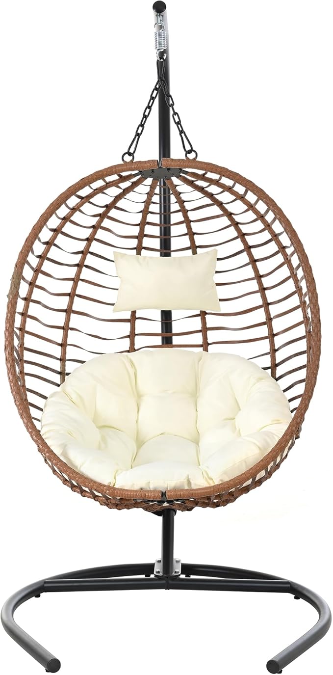 Folding Egg Chair, Outdoor Hanging Hammock Chair with Stand, Patio Wicker Hanging Chair with Iron Frame and Plush Cushion & Removable Headrest for Bedroom, Balcony, Garden (C-BrownBeige)