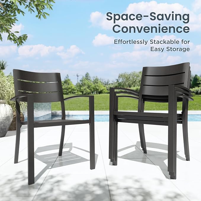 PHI VILLA Patio Dining Set for 4, Stackable Chairs& Square Metal Table | 37" Black Table&Stackable Wrought Iron Chairs,Outside Furniture Set for Deck, Porch, Backyard