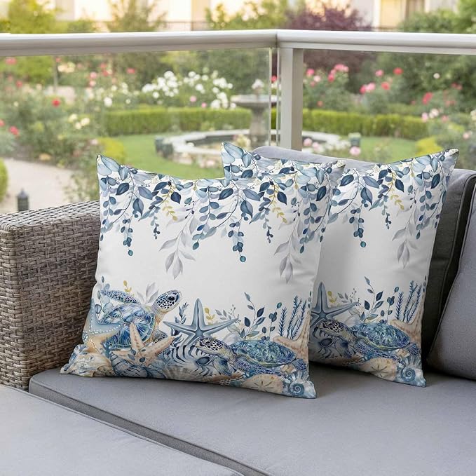 Pack of 2 Blue Turtle Coastal Outdoor Pillow Covers Decorative, Beach Coral Starfish Waterproof Pillow Protector, Nautical Sea Eucalyptus Throw Pillowcases Cushion Cases for Patio Couch Sofa 24"x24"