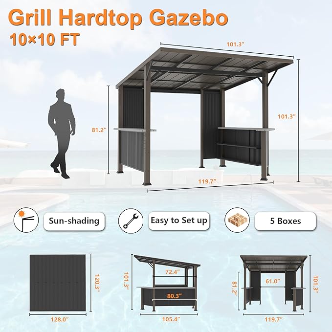 ALAULM 10'x 10' Hardtop Grill Gazebo, Outdoor BBQ Gazebo with Storage Shelves and Expansion Platform, Permanent Galvanized Steel Lean to Canopy with Grey-Black Metal Privacy Screen for Patio