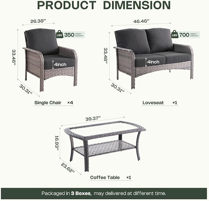 6-Piece Patio Furniture Set, Outdoor Wicker Furniture with Coffee Table, All Weather High Back Loveseat Patio Chairs, Modern Rattan Outdoor Chairs Conversation Set for Porch, Balcony, Garden,Black