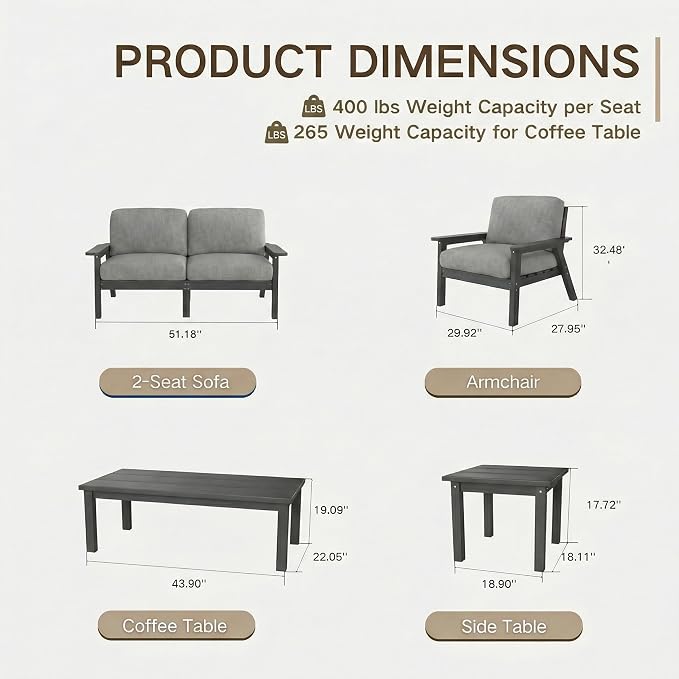 Kingdura HDPE Patio Furniture Set, 6 Piece Outdoor Sectional Sofa with Coffee Table & Side Table, All Weather Outdoor Couch Conversation Set with Washable Cushions for Backyard Poolside Balcony