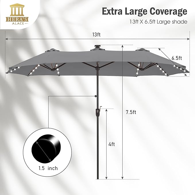 HERA'S PALACE 13ft Patio Umbrella with 120 LED Solar Lights Double Sided Outdoor Umbrella for Patio 8 Colors Changing Table Umbrella Outdoor Patio for Garden Pool