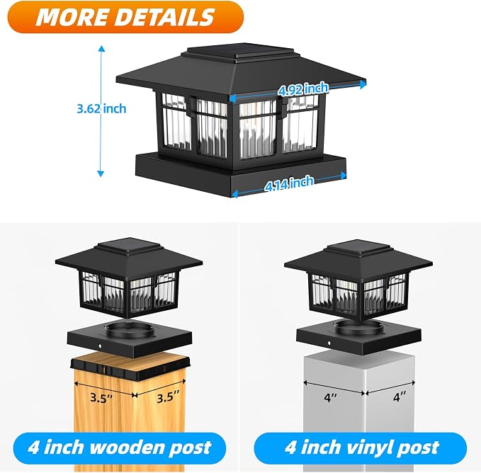 4x4 Solar Post Cap Lights, Classic Black, 4 Pack, Warm & Cool White | Fits 4x4 Wooden and Vinyl Posts,Fence Deck Post Lights,Edison-style bulb