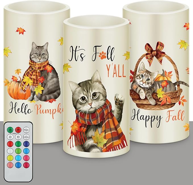 Retisee 3 Pcs Fall Flameless LED Candles Autumn Cat Pumpkin Flameless LED Candles for Bedroom Living Room Fall Thanksgiving Day Decorations