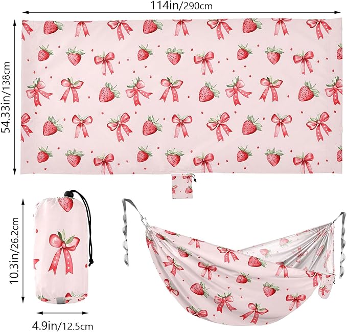 Camping Hammock Outdoor Hammocks for Outside Strawberry Bows Cute Beach Trees Portable Lightweight with Pockets Tree Straps Indoor Small