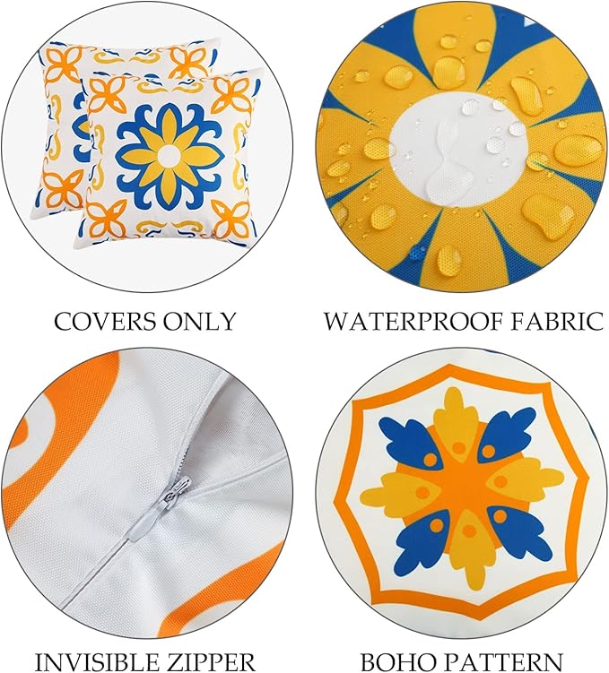Pyonic Outdoor Pillow Covers 16x16 Spring Summer Garden Waterproof Throw Pillow Covers Cushion Case Patio Pillows for Couch Tent,Set of 4 Yellow and Blue