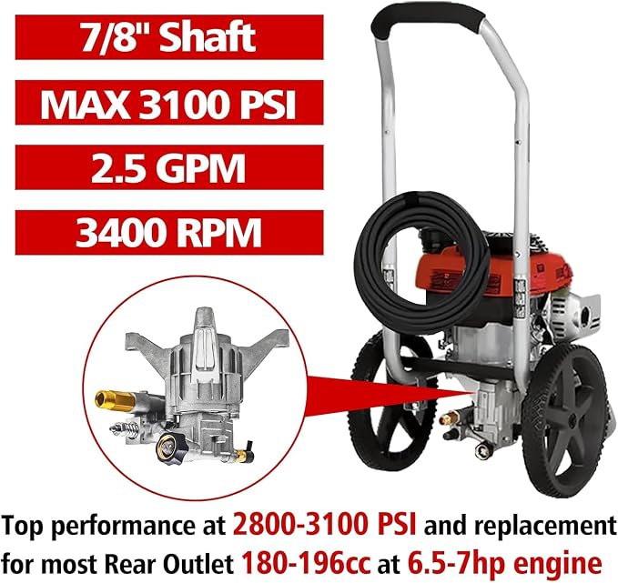 3100 PSI Vertical Pressure Washer Pump Replacement, 7/8" Shaft | 2800-3100PSI High-Pressure Performance,Fits 7/8" Vertical Shaft Engines,Rear Inlet & Outlet,Built for Tough Outdoor Cleaning