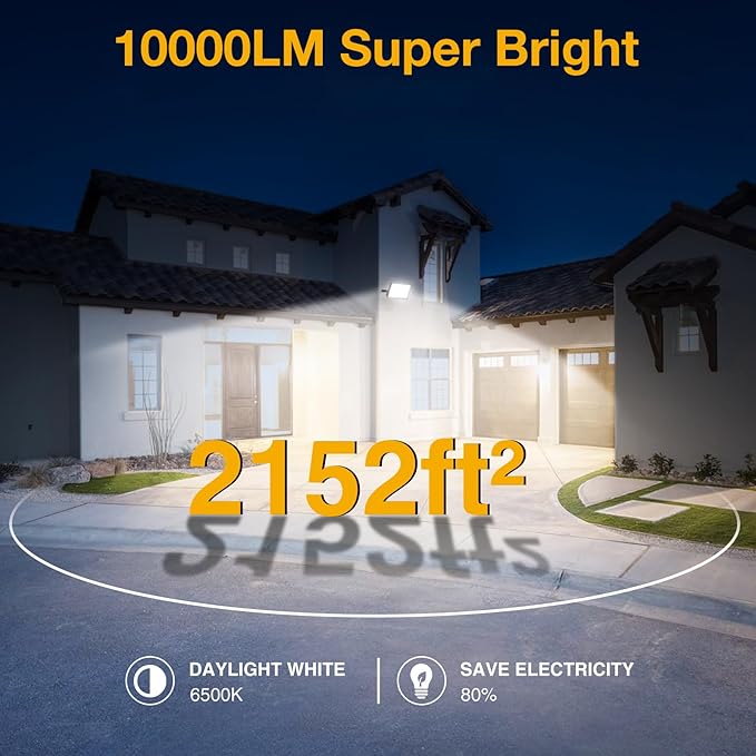 Onforu 100W Dusk to Dawn LED Outdoor Flood Light with Timer, 9000LM Adjustable Brightness Work Light, IP66 Waterproof Security Light with Plug for Yard 2 Pack