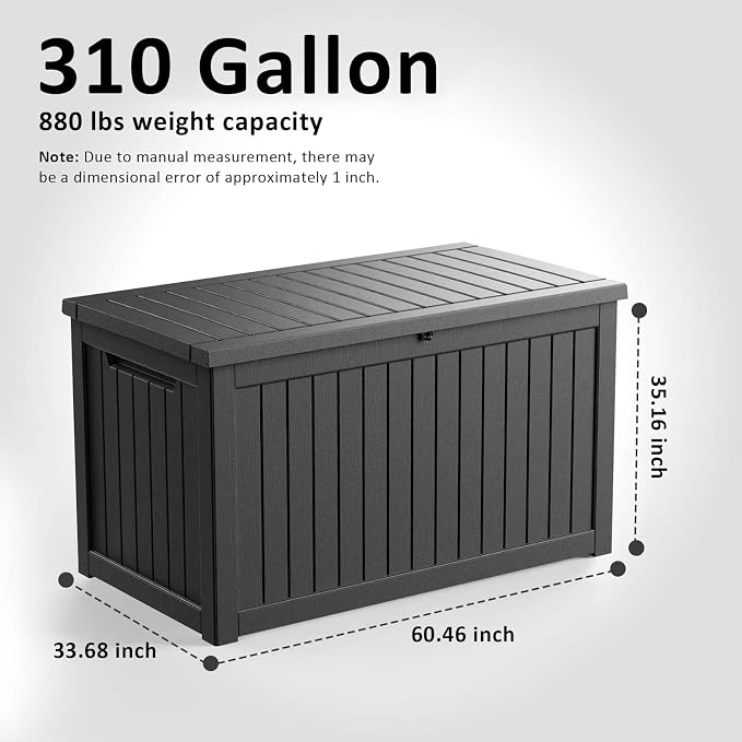 PatioZen 310 Gallon Deck Box Outdoor Storage Box, Waterproof and UV Resistant, Lockable&Resin for Patio Cushions Storage Furniture, Garden Tools, Pool Supplies(Black, 310 Gallon)