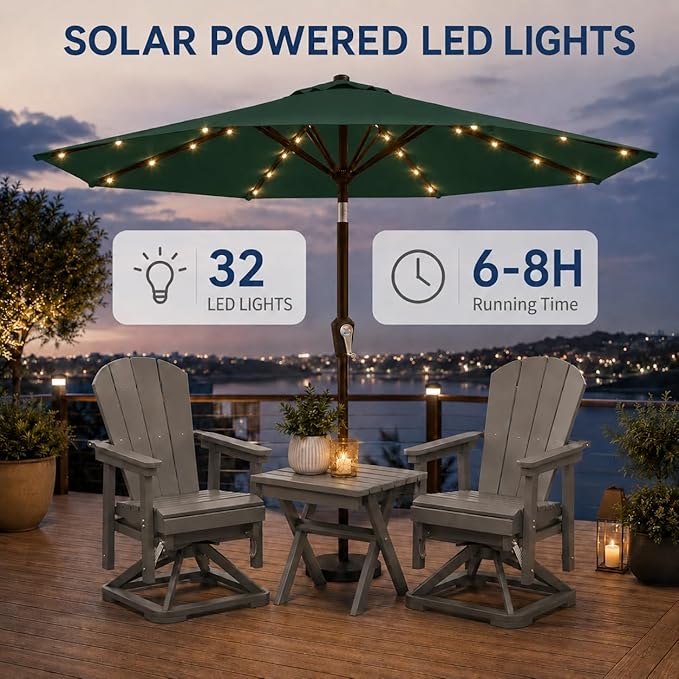 11FT Solar Patio Umbrella with Lights, Outdoor Table Market Umbrella with 32 LED Lights, 8 Sturdy Ribs, Smooth Crank Lift for Pool, Deck and Garden, UV-Resistant