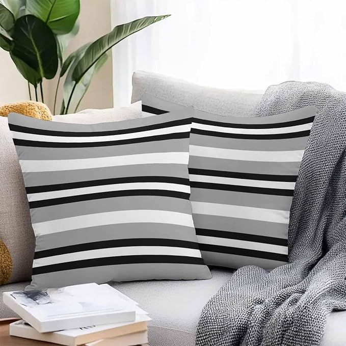 Throw Pillow Covers 16x16 Inch Set of 2, Black Gray Striped Waterproof Outdoor Pillow Covers, Contemporary Minimalist Lines Art Decorative Cushion Pillowcases for Couch, Sofa, Bed, Garden, Patio