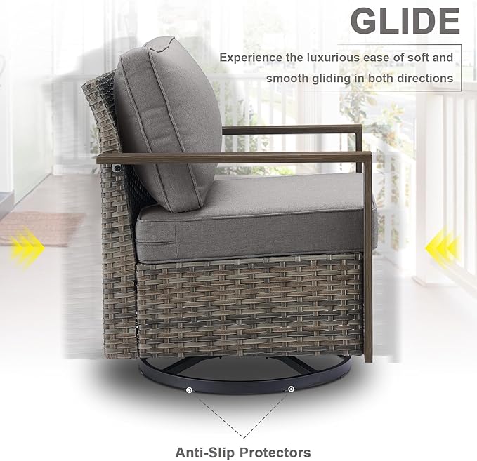 Belord Modern Outdoor Patio Furniture 7 - Person Outdoor Swivel Glider Seating Group, Backyard Wicker Furniture Set with Aluminum Armrests, Grey Wicker Grey Cushion