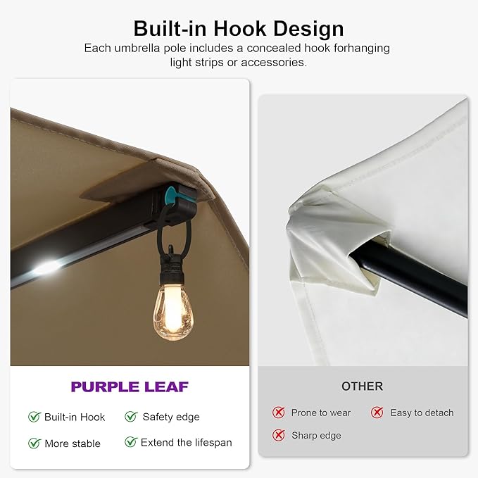 PURPLE LEAF 13ft Double-Sided Patio Umbrella with Solar Lights Outdoor Market Umbrella with Base and Crank Handle Table Umbrella for Backyard Pool Garden Deck, Khaki