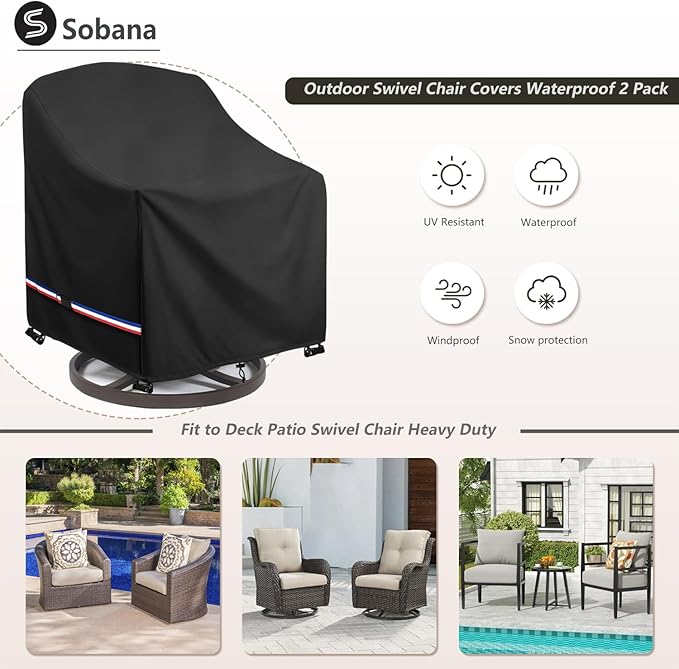 Patio Chair Covers Waterproof Swivel Outdoor Chair Cover, 30W x 34D x 36H Inches Patio Furniture Covers 2 Pack (Black)