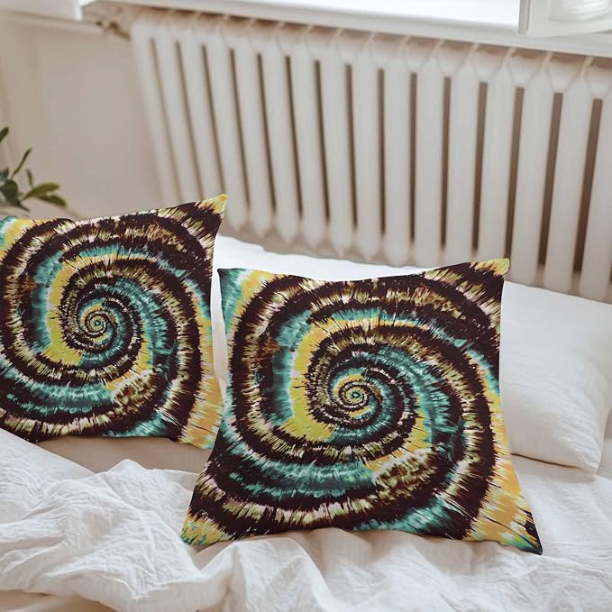 Vandarllin Outdoor Throw Pillows Covers 16x16 inch Set of 2 Waterproof Yellow Teal Tie-Dye Art Decorative Zippered Cushion Covers for Patio Furniture, Abstract Boho Tribe Lumbar Pillowcases