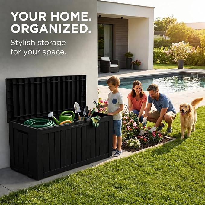 LAUSAINT HOME 230 Gallon XXL Outdoor Deck Box, Waterproof Resin Storage Box Bench with Lock, Large Patio Cushion Storage, Garden Tool Organizer, Pool Storage Container, 3-Person Seat, Black