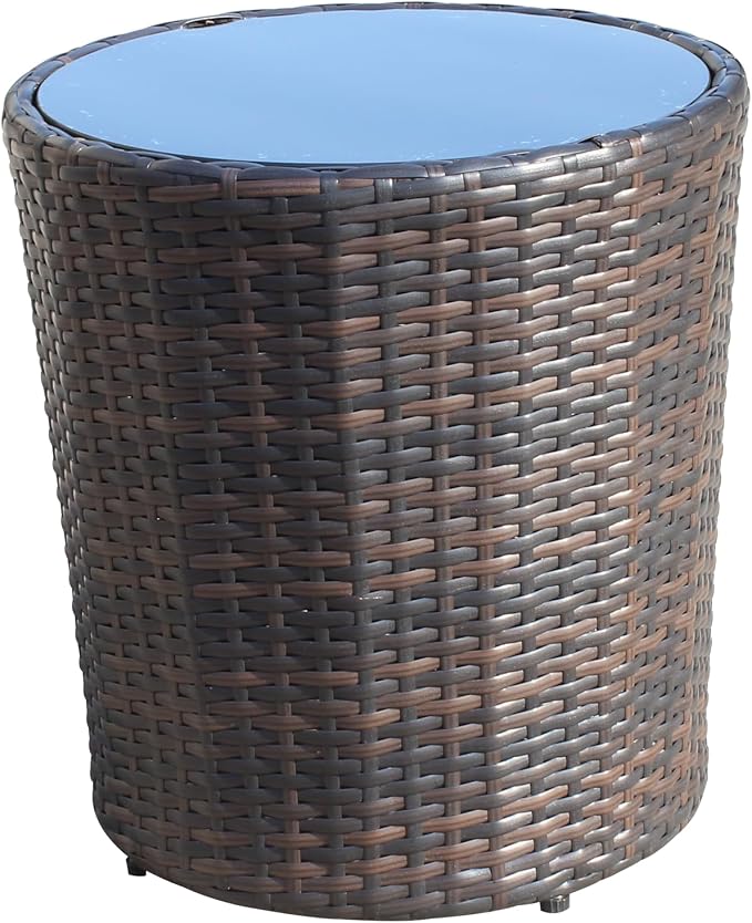 Outdoor Patio PE Rattan Round Coffee Table 17.7" Patio Side Table with Black Tempered Glass Top, Outdoor Wicker End Table for Backyard Deck Balcony, 120 lbs Capacity, Brown