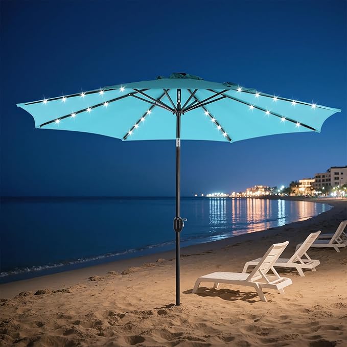 DUMOS LED Outdoor Patio Umbrella 10 FT UV-Resistant Market Umbrella with Tilt Adjustment & Crank Lift, All-Weather Shade for Backyard, Deck, Garden, Beach