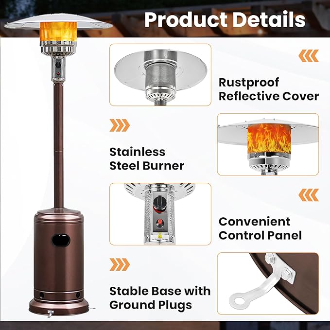 HAPPYGRILL Patio Heater, 48,000 BTU Outdoor Propane Heater with Wheels, Reflective Cover, Triple-Over Protection, Portable Stainless Steel Patio Heater for Outdoor Use Garden, Bronze