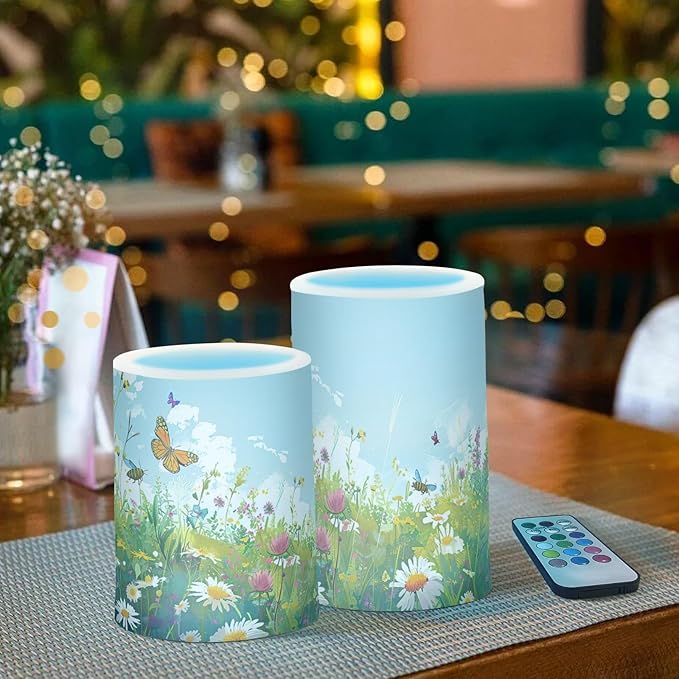 Doodle Flower and Butterfly Pattern Flameless Candles Color Changing LED Candles with Remote Control Battery Candles for Outdoor and Indoor Home and Room Decoration, 3'' x 4''/5'' Set of 2 Piece