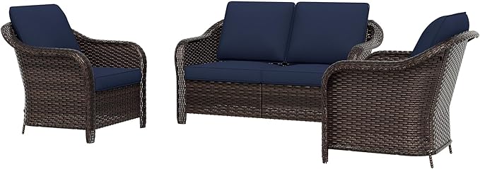 3 Piece Patio Wicker Conversation Set, All-Weather Use Outdoor Wicker Loveseat with 2 PE Rattan Chair, Ideal for Porch, Backyard, Balcony, Poolside, Blue