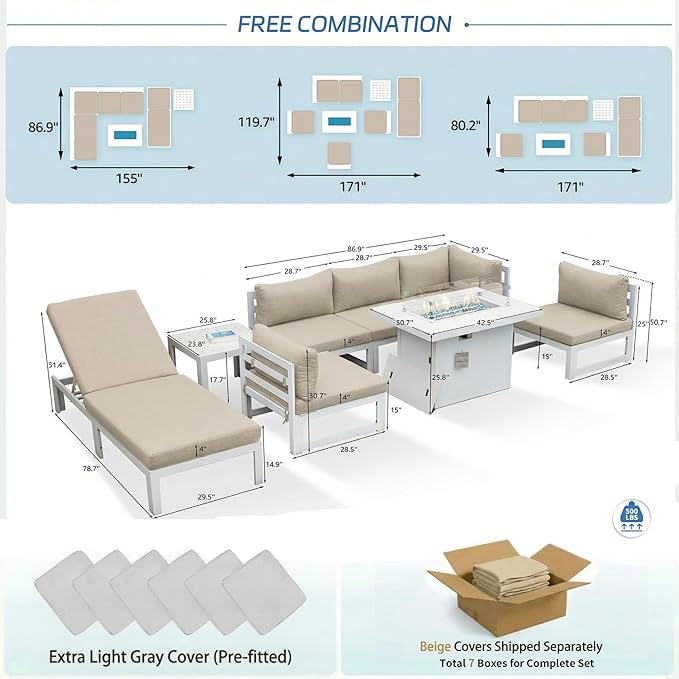 NICESOUL 8 Piece Modern Aluminum Outdoor Patio Furniture Set with Lounger & Fire Pit Table, Extra Large All-Weather Modular Sectional Couch, 29" Wide Deep Seating Conversation Sofa for Poolside, Beige