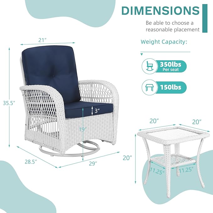 MEETWARM 3 Pieces Outdoor Wicker Swivel Rocker Patio Set, Rocking Chairs Rattan Patio Furniture Sets with Thickened Cushion and Glass-Top Coffee Table, Conversation Bistro Set, White Wicker/Navy
