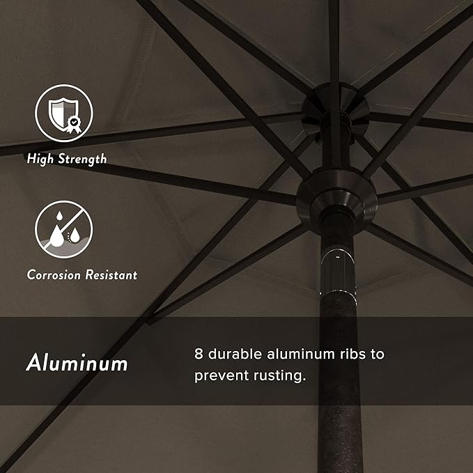 California Umbrella 9' Round Aluminum Market Umbrella, Crank Lift, Push Button Tilt, Bronze Pole