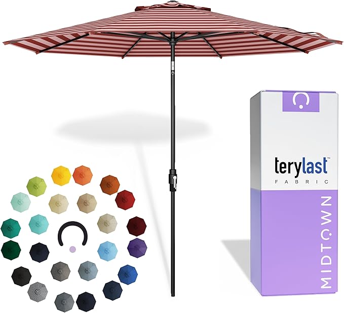 Midtown Umbrellas – The Swilt 10 Ft Patio Umbrellas with 360° Swivel & Tilt Mechanism, 8 Fiberglass Ribs & Terylast Polyester Fabric for Backyard, Deck, Pool & Cafes - Apple Stripes Canopy, Black Pole