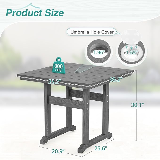 Square Outdoor Dining Tables for 4, HDPS Weather Resistant Patio Dining Table, 35" Outdoor Tables with 1.96" Umbrella Hole for Patio, Balcony, Backyard, Grey